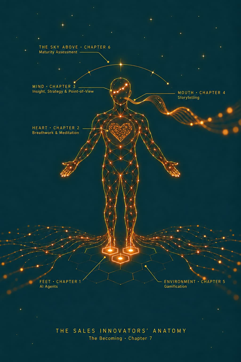 The Sales Innovators' Anatomy: a glowing figure whose feet stand for AI agents (Chapter 1), heart for breathwork and meditation (Chapter 2), mind for insight, strategy and point of view (Chapter 3), mouth for storytelling (Chapter 4), environment for gamification (Chapter 5) and the sky above for the maturity assessment (Chapter 6).