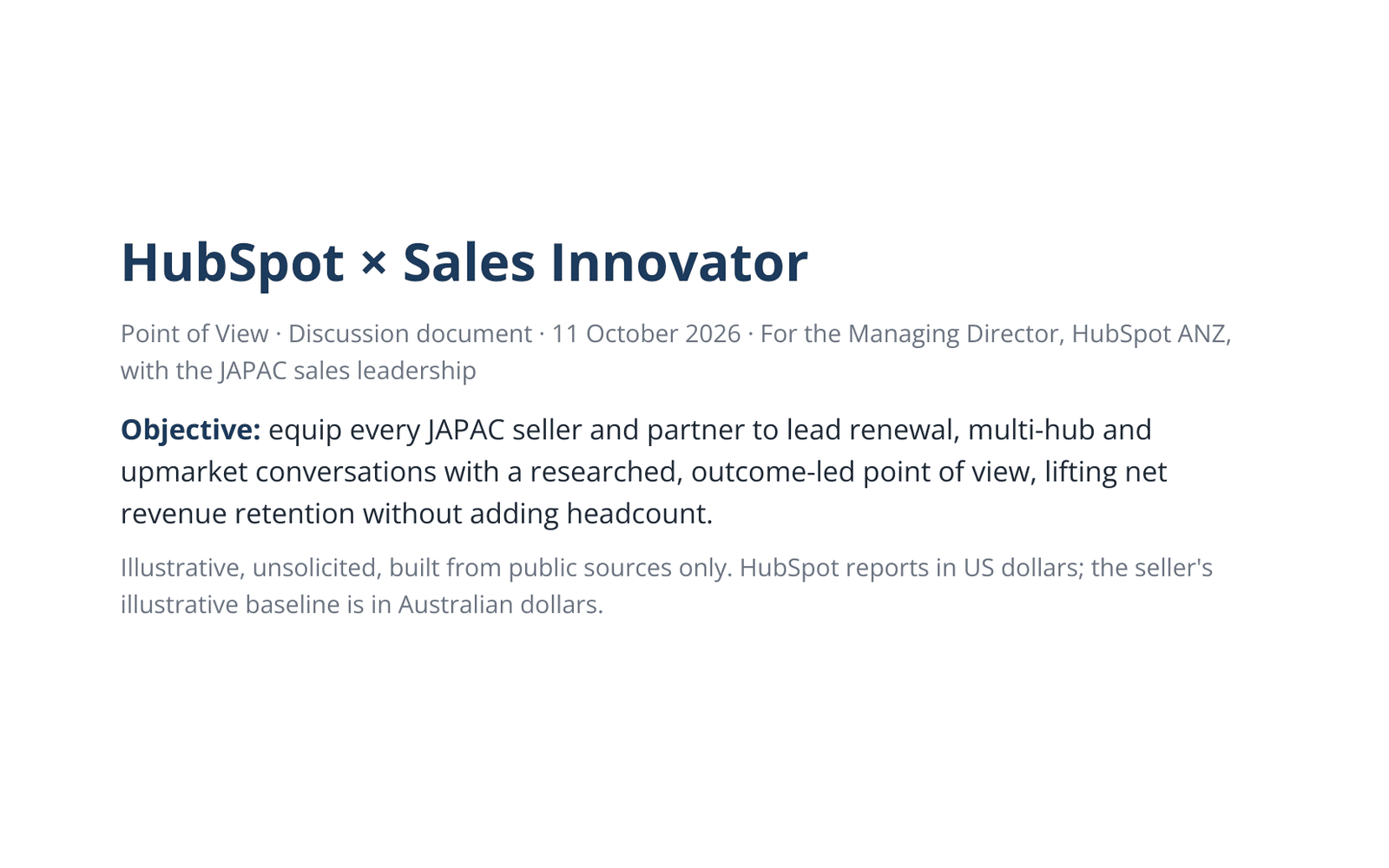 First page of a point of view on HubSpot JAPAC: the cover, title and objective